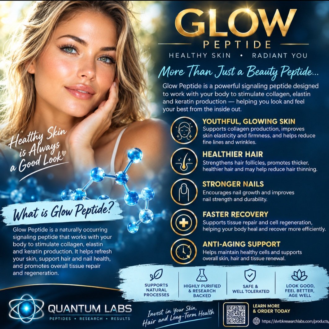 Qsentus1776's tweet photo. ✨ GLOW PEPTIDE — BEAUTY SUPPORT FROM WITHIN ✨

What if your skincare routine could go beyond the surface? Glow peptides are being researched for their potential role in supporting the body’s natural processes involved in healthy skin, hair, and nails.

💧 Skin Support
May support collagen and elastin pathways associated with skin firmness, elasticity, and a healthy-looking complexion.

💇‍♀️ Hair Support
Peptides involved in cellular signaling may help support the natural processes that contribute to healthy hair.

💅 Nail Support
May support the growth and strength of healthy nails by supporting normal tissue processes.

🔬 Cellular & Tissue Support
Certain peptides are being studied for their potential role in tissue repair, regeneration, and cellular signaling.

✨ Why people are interested in Glow peptides:
They’re part of a growing area of peptide research focused on supporting the body’s natural pathways rather than simply covering up signs of aging.

Glow from the inside out. ✨

📚 For educational and research purposes only. Peptide products are not intended to diagnose, treat, cure, or prevent disease. Research on individual peptides varies, and results are not guaranteed.

#GlowPeptide #PeptideResearch #PeptideEducation #SkinHealth #CollagenSupport #HealthySkin #BeautyFromWithin #QuantumLabs