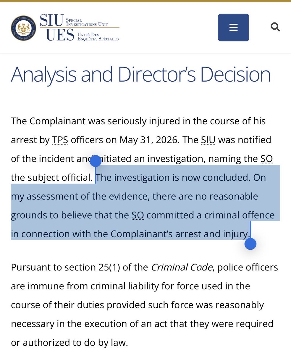 edwardrow's tweet photo. TLDR: SIU concludes police officer (SO/subject officer) that tackled a 21 year old cyclist to the ground giving them a “traumatic brain injury” over a minor traffic violation - was acting appropriately - no punishment, no accountability, no culture change, nothing will happen https://t.co/3EvLllpoUW