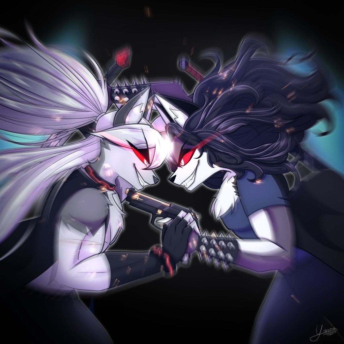 HeccpupNamedZ's tweet photo. (Art by @YseveraArt.)
(Noctis (on the left) belongs to @SkytheAnnur.)
A friendly, heated spar. Y’know… it’s kinda like two dogs playful wrestling. They just happen to be anthropomorphic and sapient.
#HelluvaBoss #HelluvaBossOC #Hellhound #HazbinHotel #HazbinOC https://t.co/hc4P0IkBKC