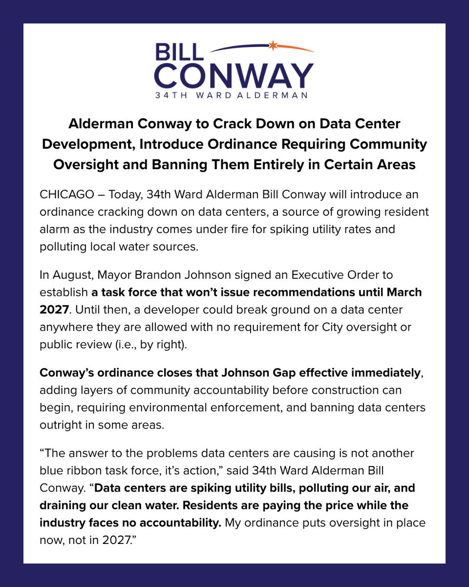 AldConway's tweet photo. Data centers spike utility bills, pollute our air, &amp; drain our clean water.

Mayor Johnson created a blue ribbon committee. I’m taking action with an ordinance to immediately require community oversight, add environmental enforcement, &amp; ban some data centers altogether. https://t.co/FemAtIW9G1