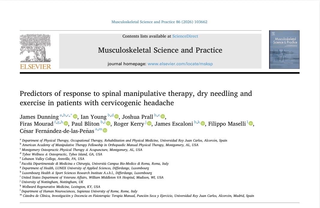 DrDunning's tweet photo. Published today @MSKPhysioJnl Predictors of response to spinal manipulative therapy, dry needling and exercise in patients with cervicogenic headache (2026) #AAMTFellowship https://t.co/6dW9LwE8y0 https://t.co/97GsqTBO7n