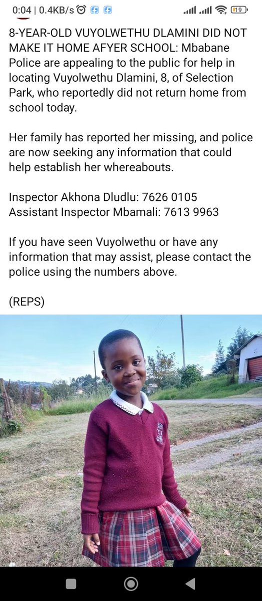 BuhleBakaNgwane's tweet photo. 📣🚨Urgent Notice - MISSING🚨📣
8-year-old Vuyolwethu of Selection Park, Mbabane did not come back from school. Please help the police find her 😣
@TimesOfEswatinE reports https://t.co/FZWt0zxKL2