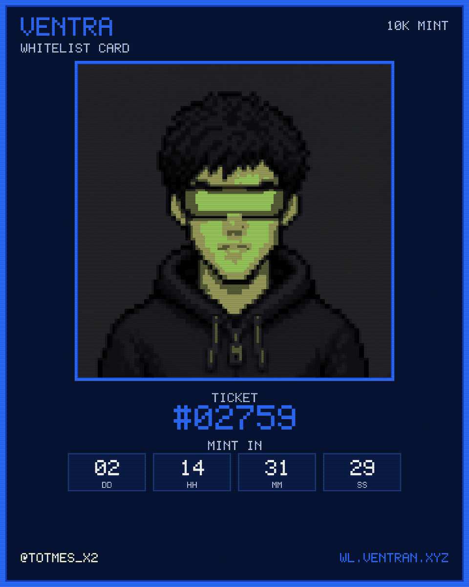 totmes_x2's tweet photo. I just got whitelisted for the Ventra 10,000 NFT mint on OpenSea — ticket #02759. Drops Sept 25. https://t.co/wWyGvpqPjC https://t.co/qx1aYGtbtJ