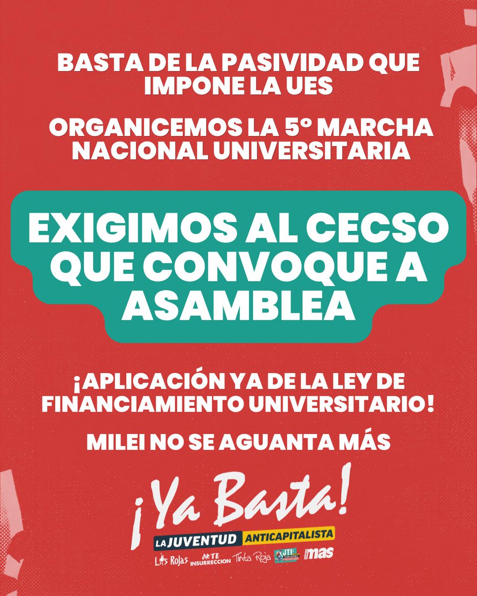 yabastafsoc's tweet photo. Basta de la pasividad que impone La UES
Organicemos la 5° Marcha Nacional Universitaria

Exigimos al CECSo que convoque a asamblea

¡Aplicación ya de la Ley de Financiamiento Universitario!
Milei no se aguanta más https://t.co/Z6u1btkgAg