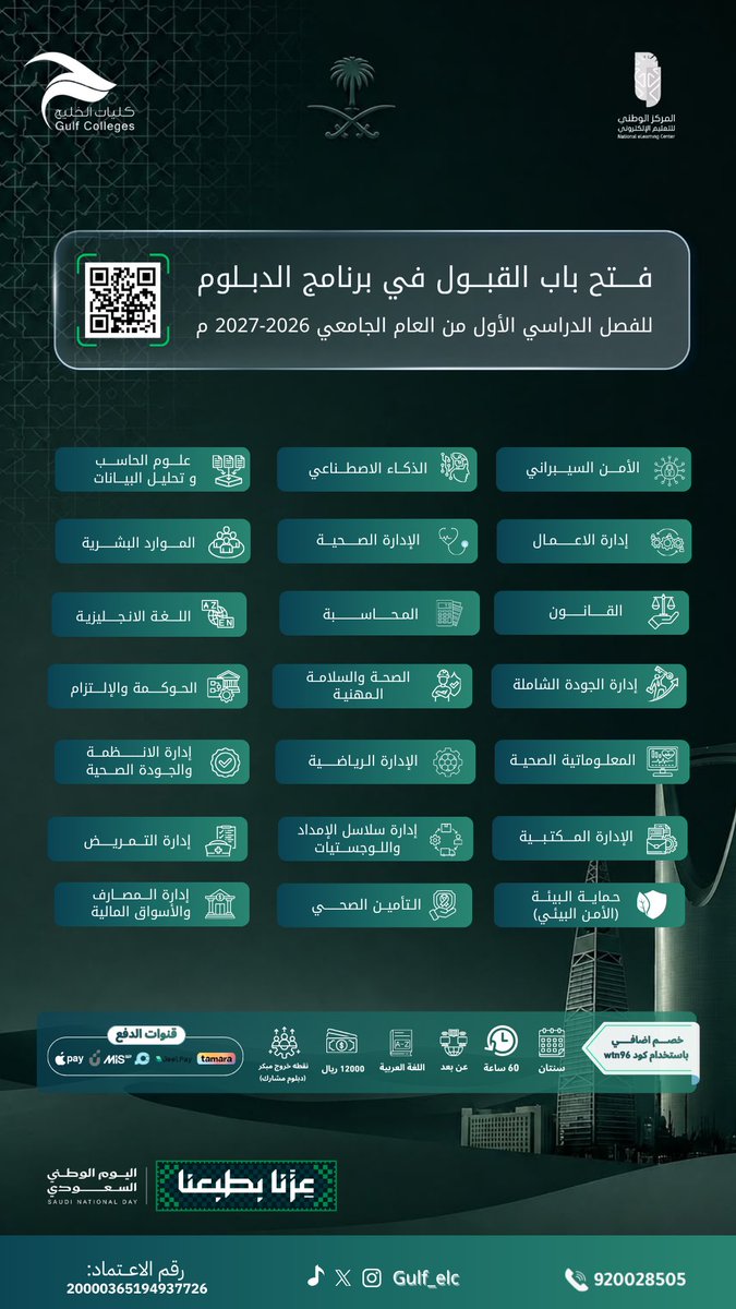Gulf_ELC's tweet photo. 🇸🇦 من أمجاد الوطن.. إلى آفاق المستقبل

وبهذه المناسبة الوطنية، تواصل كليات الخليج تمكين الطموح وصناعة المستقبل من خلال برامج الدبلوم للعام الجامعي 2026–2027م.

🎓 تخصصات متنوعة
💻 دراسة مرنة عن بُعد
🎁 كود الخصم الخاص بك + خصم إضافي بكود الوطن WTN96

📲 للتسجيل: https://t.co/7V5Bss60l2

نحتفي بوطنٍ عظيم.. ونبني مستقبلًا يليق بطموحه. 🇸🇦

#اليوم_الوطني_السعودي_96
 #كليات_الخليج
#عزنا_بطبعنا