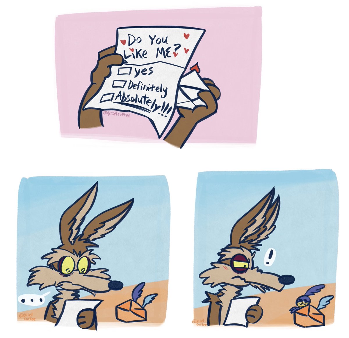 yiselcoffee's tweet photo. Love letter comic <3 I like to think Roadrunner is a forward type when it comes to his courtship jaja
#coyotevsacme #wileroad #wilerunner https://t.co/8yyI4yu8hn