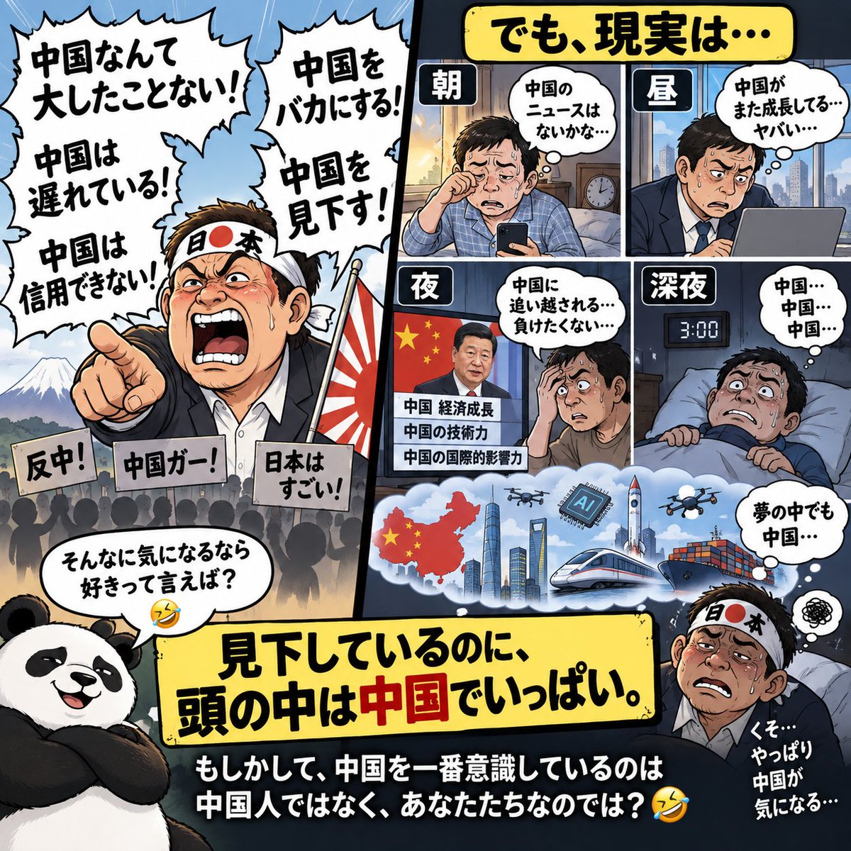 vplusasia's tweet photo. 中国をバカにする。
中国を見下す。
「中国なんて大したことない！」と叫ぶ。

でも、

中国に追い越されるのが怖い。
中国に負けるのが怖い。
中国が発展すると腹が立つ。
中国のニュースを見るたびに気になる。

朝起きても中国。
昼も中国。
夜も中国。
寝る前にも中国。🤣

嫌いなはずなのに、
頭の中は中国でいっぱい。

もしかして、中国を一番意識しているのは中国人ではなく、あなたたちなのでは？🤣

見下している相手のことを、
朝から晩まで気にしながら生きる。

なかなか不思議な「中国嫌い」ですね。🤣