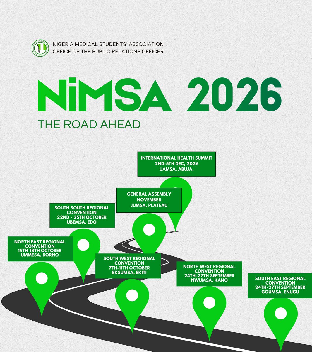 NiMSA_Nigeria's tweet photo. Here are some of the events to look out for in the remainder of the year, from Regional Conventions to the General Assembly and International Health Summit.
Thereโs something for everyone. Plan your calendar accordingly and donโt miss out! ๐
#NiMSA #TheVISIONMandate https://t.co/T7QmLv96Yb