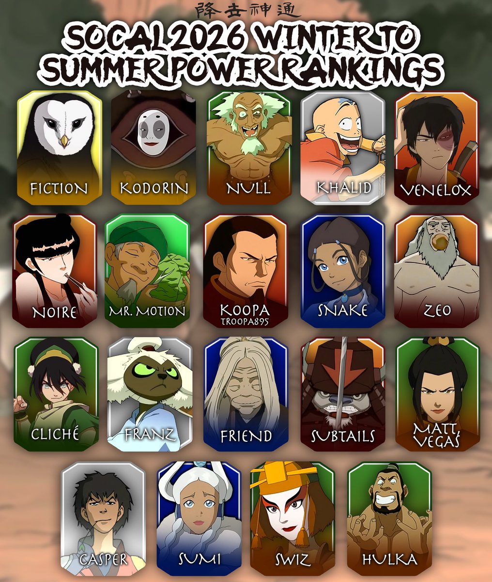 salamithegreat's tweet photo. Here is the new Socal 2026 Winter to Summer PR! There are no peach mains in Ba Sing Se. Congrats to everyone who made it 😊

Panelists: me, s-f, bagel, swiz, goatcheese

Thank you to @devilmaycats for the graphic! https://t.co/2NX1jYCQs9
