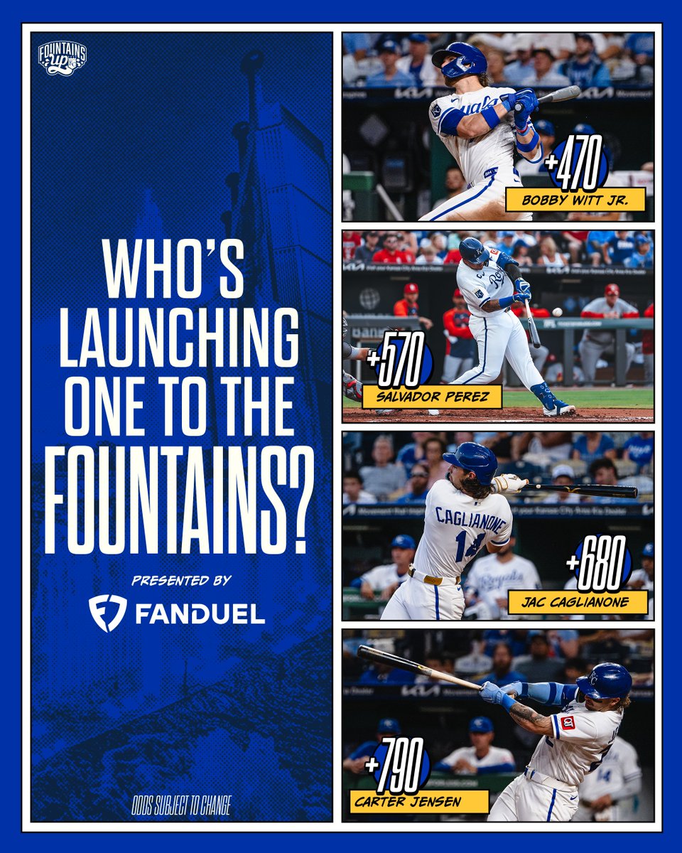 A FanDuel-branded graphic with images of Bobby Witt Jr., Salvador Perez, Jac Caglianone, and Carter Jensen. Text on the graphic reads,
Who's launching into the fountains? Presented by FanDuel.
Bobby Witt Jr. +470
Salvador Perez +570
Jac Caglianone +790
Carter Jensen +790