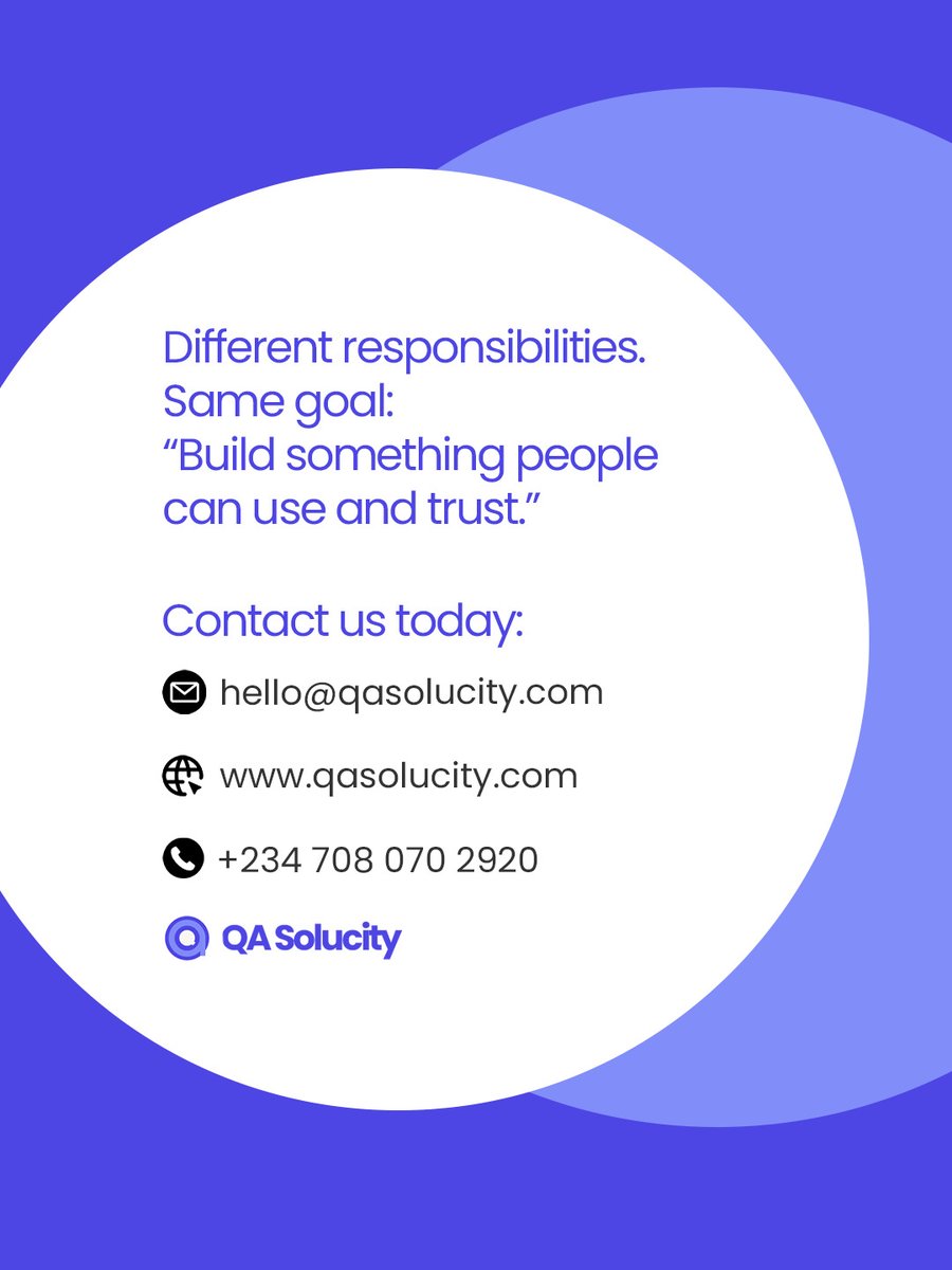 QASolucity's tweet photo. Developers build. QA investigates. 

QA isn't about breaking what developers create. It's about working together to uncover risks and build software people can trust.

Different roles. Same goal: better products.

#QASolucity
#SoftwareTesting
#Tech https://t.co/AEEZdyDfrK