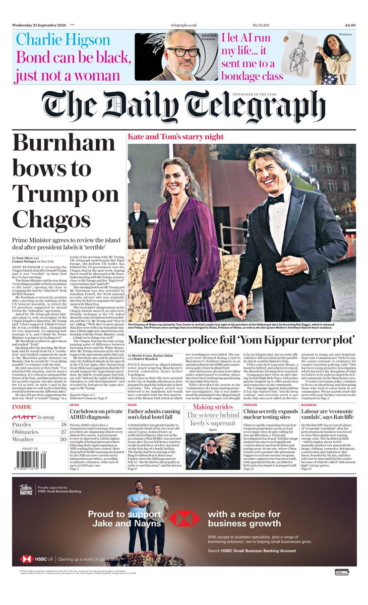 Tony_Diver's tweet photo. Exclusive in tonight’s Chagos splash:

Nigel Farage repeatedly lobbied the US government over Chagos over the last week.

Sources close to the Reform leader say his “high level�� talks with the White House have “paid off” — as Burnham is forced to review the deal. https://t.co/NnlfInp8Cl