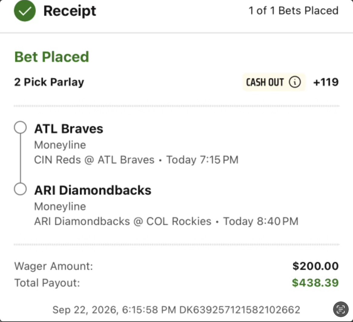 RodgersBoardman's tweet photo. 🚨 TWO MONEYLINES. ONE MISSION. 💰
⚾ Braves ML vs. Reds   
⚾ Dbacks ML vs. Rockies

💵 $200 ➡️ $438.39 (+119)

Sharing the love for FREE. 
Who's cashing with us tonight?! 🔥🔒 MORE PICKS: 

https://t.co/WbJtAGI0GB

#MLB #FreePicks #WhyNotUs https://t.co/qCvK9HpMKr