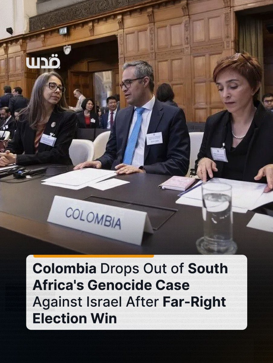 PNN_JESUS's tweet photo. Colombia has withdrawn from South Africa's genocide case against Israel at the ICJ, reversing former President Gustavo Petro's policy under which Bogota had filed the intervention, severed ties with Israel, called it a genocidal government, and halted coal exports.

New far-right president Abelardo de la Espriella, in office since August, has restored ties, reopened embassy in occupied  Jerusalem, formed a bilateral economic commission, and now pulled Colombia out of the genocide case.