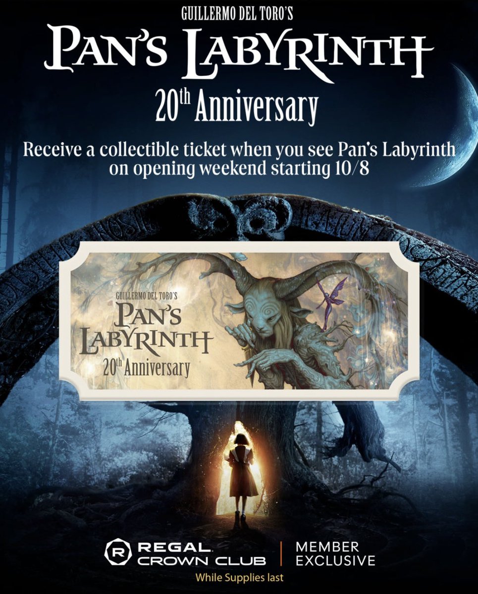 gdeo's tweet photo. Exclusively at @RegalMovies . Get your limited edition collectible ticket when you see @RealGDT ‘s @PansLabyrinth20 opening weekend. Get tickets here

Pan's Labyrinth 20th Anniversary (Spanish) 

https://t.co/WwPLHPb4LD https://t.co/m86fjsk80Y