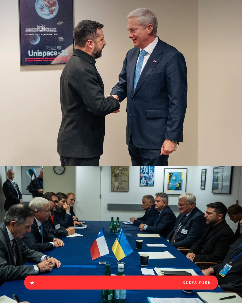Oficina_Pdte's tweet photo. El Presidente de la República, José Antonio Kast Rist, y el ministro de Relaciones Exteriores, Francisco Pérez Mackenna, sostuvieron una reunión de trabajo con el Presidente de Ucrania, Volodímir Zelensky, en el marco de su participación en la Semana de Alto Nivel de la Asamblea General de las Naciones Unidas, que se desarrolla en Nueva York.
