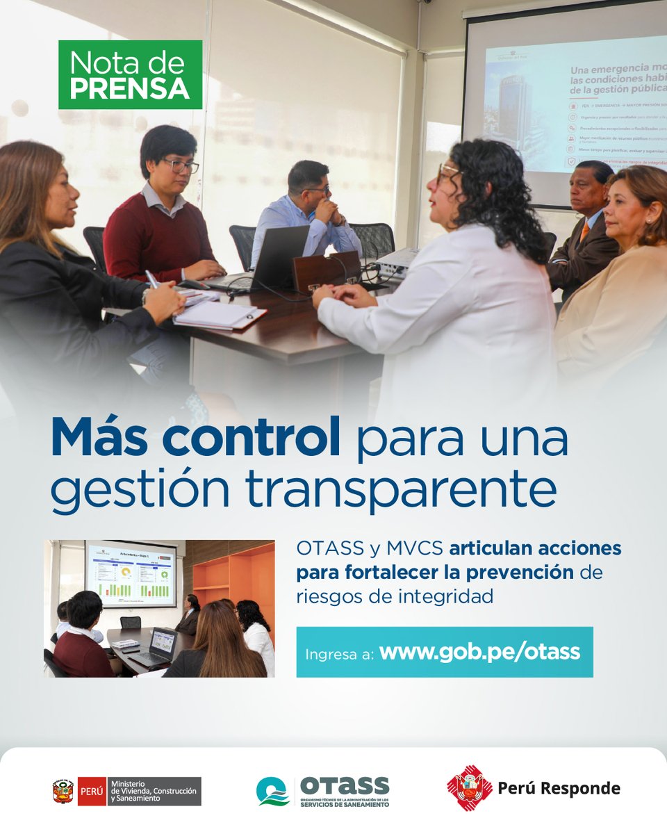 OtassPeru's tweet photo. 🤝 OTASS y Ministerio de Vivienda suman esfuerzos por una gestión íntegra.
🛡️ Orientación técnica permitió revisar avances del ICP 2026 y definir acciones de seguimiento para fortalecer la prevención de riesgos de integridad frente al FEN.
🔎 https://t.co/nZjXflVb4p https://t.co/gfVet5sI0S