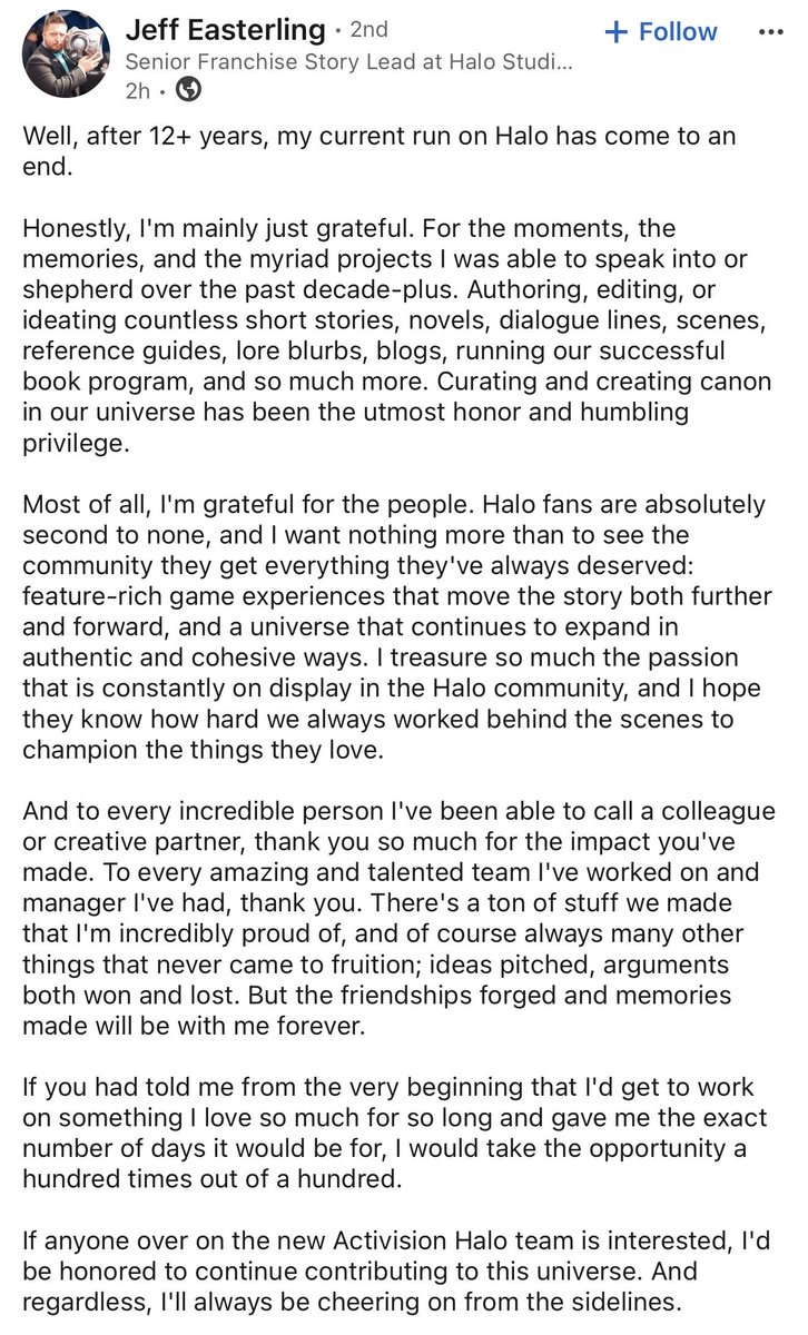 Mr_Rebs_'s tweet photo. Halo Studios story lead Jeff Easterling was laid off after 12 years. He says he’d be honored to join Activision’s Halo team to continue contributing to the Halo universe. #Halo https://t.co/bgtJjsgiXu