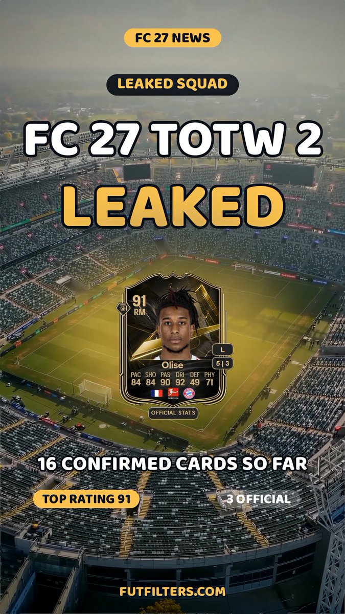 EAFCBOTS's tweet photo. FC 27 TOTW 2 LEAKED: Full Squad on the Pitch! Olise 91 🔥 #FC27 #EAFC2 #totw https://t.co/cM52ub3y0Z