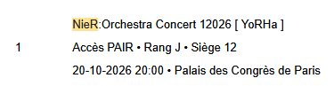 FlipFIop_'s tweet photo. Hey, j'aimerai bien revendre ma place pour le concert de NieR du 20/10, si des gens sont intéressés (infos de la place en screen)
Je la laisse à 75€ (prix payé 90€), hésitez pas à me contacter si vous êtes intéressé 🫡 https://t.co/ecTlSr2FmY