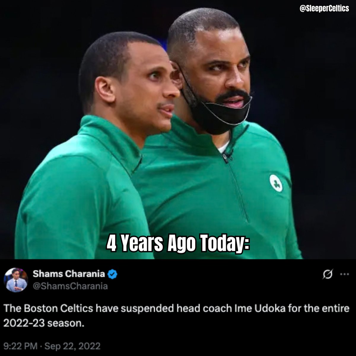 SleeperCeltics's tweet photo. 4 years ago today: The Celtics suspended Ime Udoka for the 2022-23 season and named Joe Mazzulla interim head coach

Since then, the C's are:
☘️ 238-90 in the regular season
☘️ 57-26 in the playoffs
☘️ 1x NBA Champions

Such an insane turn of events and I couldn't be happier for it