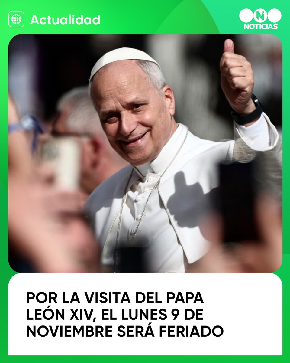 telefenoticias's tweet photo. El Gobierno confirmó este martes que el lunes 9 de noviembre será feriado nacional a raíz de la visita del papa León XIV a la Argentina, mientras que el 10 y 11 serán feriados también, pero solo en las ciudades que visitará, es decir, Córdoba y Luján.
Así lo confirmaron la ministra de Seguridad, Alejandra Monteoliva y autoridades de la Iglesia tras una reunión que mantuvieron.