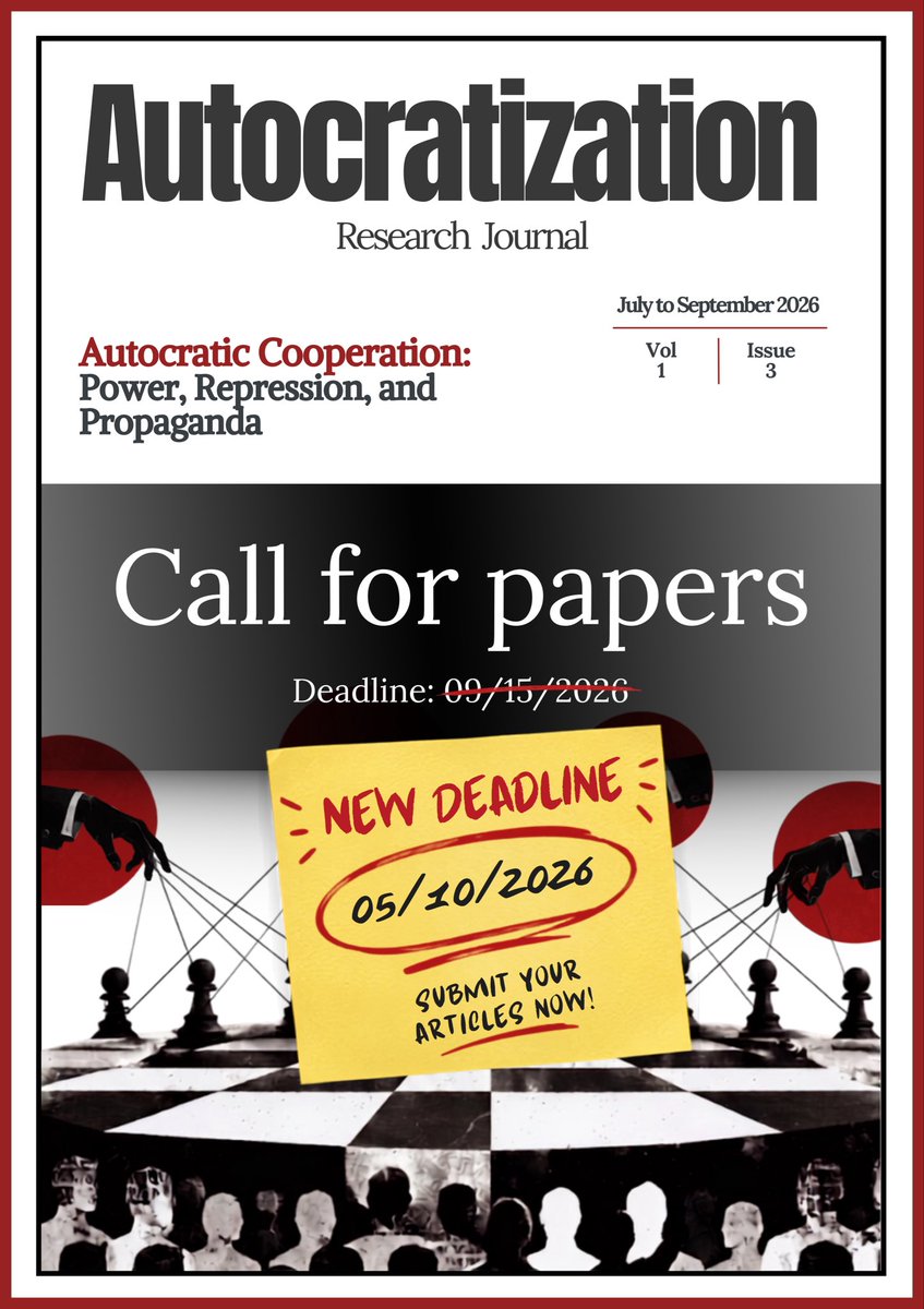 ProgramaCuba's tweet photo. 🚨 ¡Extendemos el plazo! Call for Papers en Autocratization
Ampliamos la fecha límite para recibir propuestas del Vol. 1 Núm. 3: "Autocratic Cooperation: Power, Repression, and Propaganda".
🗓️ Nueva fecha: 5 de Octubre de 2026 https://t.co/a7yMJnlCye