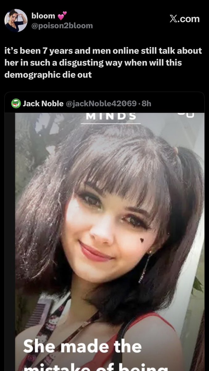 poison2bloom's tweet photo. incels reporting my post cus i didn’t mention that the vulnerable 17 year old girl ‘led on’ the freak who killed her 😭😭 #ok https://t.co/J6EPYPOLBE