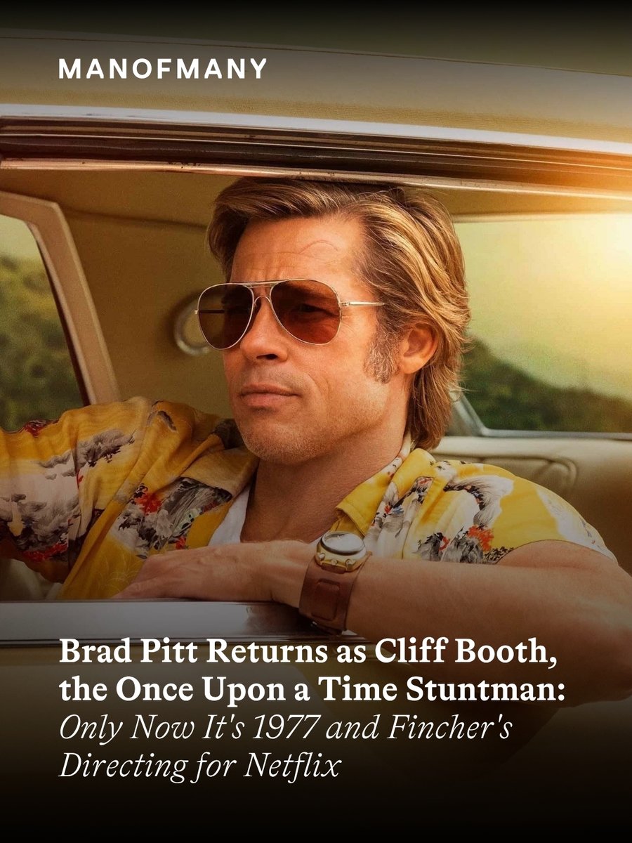 manofmany's tweet photo. Cliff Booth is back.

Brad Pitt returns as Hollywood's most unbothered stuntman, eight years after his run-in with the Manson family. It's now 1977, the fairytale is over and Cliff is bartending, running a projector and quietly fixing problems for anyone who can pay. Quentin Tarantino wrote the screenplay and David Fincher directed The Further Mis-Adventures of Cliff Booth, which is one of the strangest and most exciting pairings in years. It gets an exclusive two-week run in @imax from November 25, then lands on @netflix on December 23.

#BradPitt #CliffBooth #DavidFincher