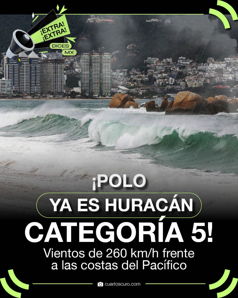 dicesmx's tweet photo. 🌀⚠️ Polo se intensificó al nivel máximo de la escala: vientos sostenidos de 260 km/h y rachas de hasta 315, a 355 kilómetros al sur de Zihuatanejo, Guerrero.

💬 Y tú, ¿qué #DICES? ¿Ya está lloviendo en tu estado?

#ExtraExtra #DICESMx #HuracánPolo #Pacífico #ProtecciónCivil https://t.co/vPONAsze8w