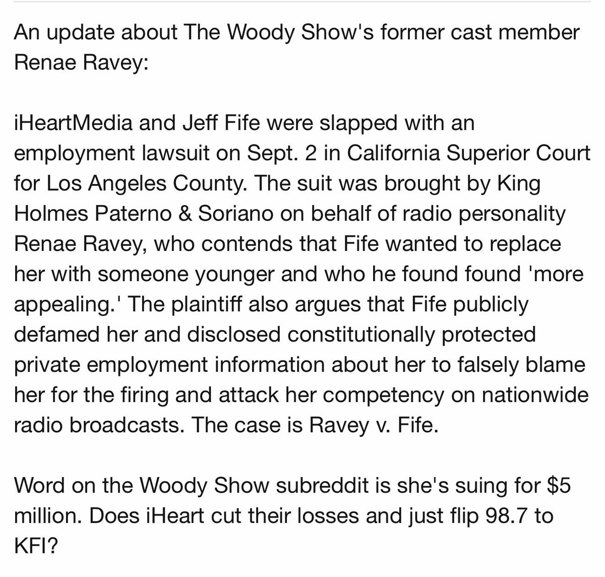 hadurlittlefun's tweet photo. It seems like this is not their first controversy as well, a former host had gone legal against Woody and iHeart due to their ageist and misogynistic behaviour.

Utterly shocked that iHeartRadio still allows them to operate. https://t.co/UvQ2HTjRzN