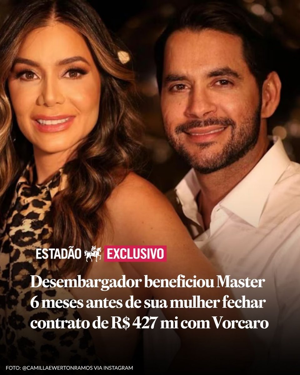 Estadao's tweet photo. EXCLUSIVO 🔴 Desembargador beneficiou Master seis meses antes de sua mulher fechar contrato de R$ 427 milhões com Vorcaro 

Newton Pereira Ramos Neto alega que primeiro voto foi proferido em sessão virtual com cerca de 300 processos julgados em conjunto; mulher do magistrado não se manifestou. 

📲 Leia a matéria na íntegra através do link → https://t.co/thddSUkgTE