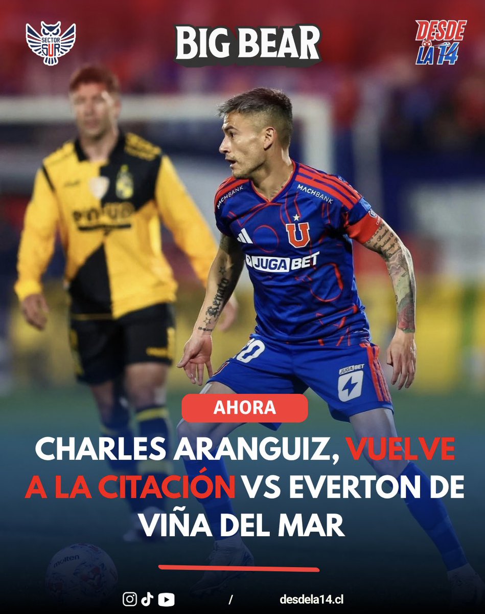 desdela14's tweet photo. 🔵🔴 DESDE LA 14 | ¡HAY PRÍNCIPE EN VIÑA! 👑🤘🏾

🚨 Según Emisora Bullanguera, Charles Aránguiz volvería a ser citado tras superar sus problemas en la rodilla.

🔙 El 20 está de vuelta.

💬 ¿Debe sumar minutos ante Everton?

#UdeChile #VamosLaU https://t.co/4Dw0651Jud