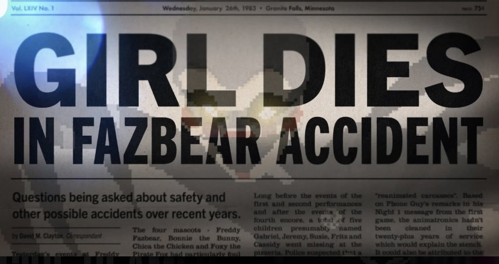 uorplefever's tweet photo. Official alternative animations for
FNAF 2 film's opening title sequence by Iris Azadi! With different
animatronic designs and newspaper clippings that mention the MCl, a Phone Guy mention, and other game lore🧵 https://t.co/KwcZulcVb5