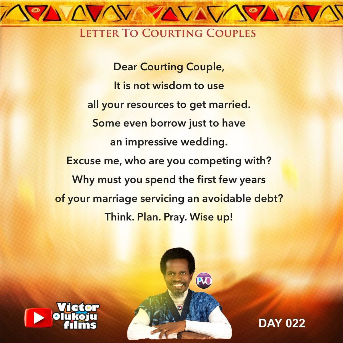 chinonye_nwaeze's tweet photo. Day 22 of 61 Days

LETTER TO COURTING COUPLES

A message from God to brothers and sisters who are planning to get married.

Please share this letter with all your contacts
#victorolukoju #pvo #spa #lettertomydaughter #lettertocourtingcouple #lettertomyson #sexualpurityassociation https://t.co/LkVQzBNlaG