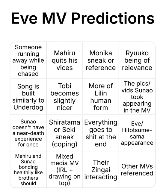 https__vortex's tweet photo. hi eve fandom once again. with some frens we have made a bingo card with predictions for the upcoming mv. feel free to use it if you'd like :) yeahhhhh bye  #Eve https://t.co/Ux8FDCKCBo