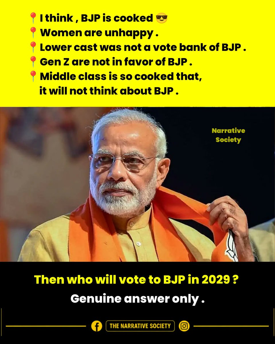 Kumarjyoti49291's tweet photo. The fundamental question that remains unanswered: if women express dissatisfaction, lower castes do not support the BJP, Generation Z opposes it, and the middle class is exhausted, then precisely which demographic segments constitute the BJP's electoral base in 2029?

#BJP #IndianPolitics #2029Elections #MiddleClass