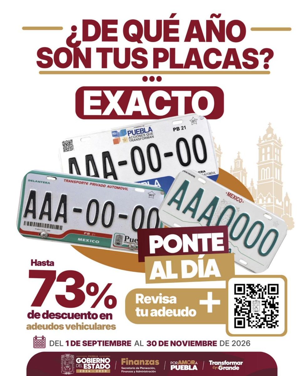 migrantepoblano's tweet photo. El programa “Ponte al Día” es una iniciativa de regularización vehicular implementada por el @Gob_Puebla, diseñada para que los automovilistas regularicen sus unidades.

El programa se mantiene activo desde el 1 de septiembre hasta el 30 de noviembre de 2026.

Regulariza tu vehículo y #PonteAlDía