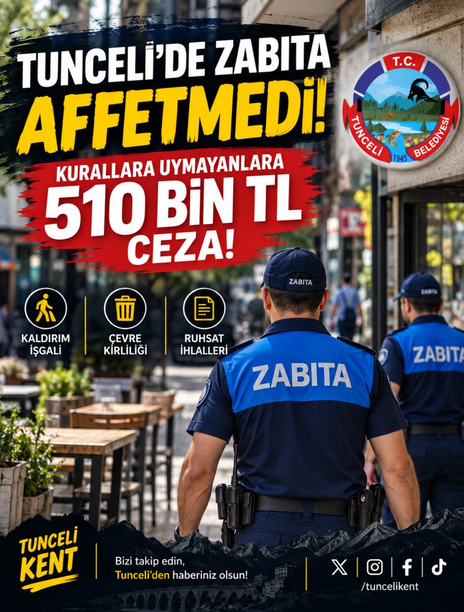 TunceliKent's tweet photo. Tunceli’de Zabıta Affetmedi: Kurallara Uymayanlara 510 Bin TL Ceza!

Tunceli Belediyesi Zabıta Müdürlüğü ekipleri, kent genelinde kamu düzeninin sağlanması ve vatandaşların yaşam kalitesinin korunması amacıyla denetimlerini aralıksız sürdürüyor.

2026 yılı başından bu yana gerçekleştirilen denetimlerde; kaldırım işgali, çevreyi kirletme ve ruhsat ihlalleri başta olmak üzere kent düzenini olumsuz etkileyen çok sayıda aykırılık tespit edildi.

Kurallara uymadığı belirlenen işletme ve kişilere zabıta ekiplerince toplam 510 bin 898 TL idari para cezası uygulandı.

Tunceli Belediyesi, yaya hakkının korunması, çevre temizliğinin sağlanması ve kent düzeninin korunmasına yönelik denetimlerin kararlılıkla devam edeceğini bildirdi.

#tunceli #tuncelihaber #tuncelikent #tuncelibelediyesi #zabıta