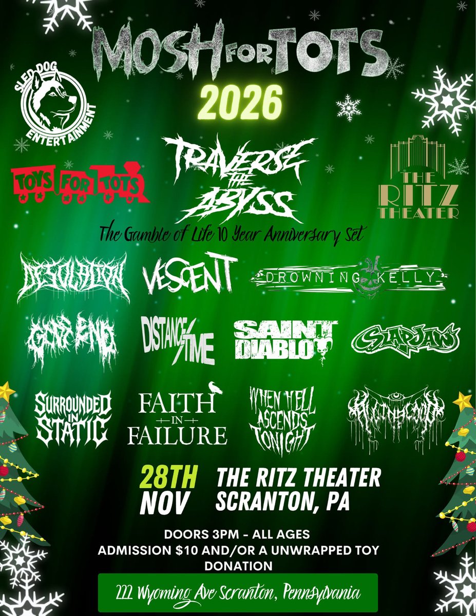 FaithInFailure's tweet photo. ๐ฅ SCRANTON, PA! ๐ฅ
Weโre heading to The Ritz Theater on Nov. 28 for Mosh for Tots! ๐ค๐
๐ช 3 PM | ๐ All Ages
๐๏ธ $10 and/or an unwrapped toy ๐
Come throw down & help us make the holidays brighterโค๏ธ
#FaithInFailure #MoshForTots #ScrantonPA https://t.co/CNVS8eJ1Jh
