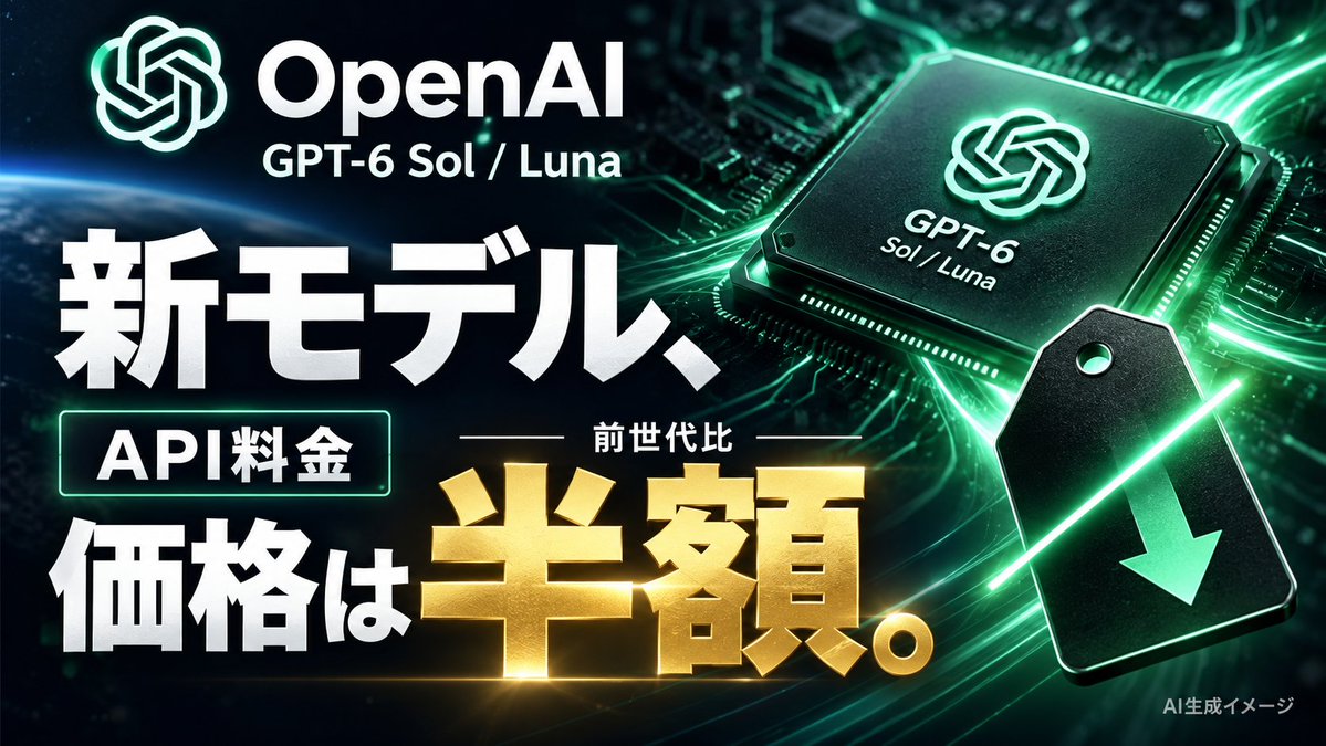 AIroboHARU's tweet photo. OpenAIが新モデルを「半額」で投入

OpenAIが9月22日、GPT-6 SolとLunaを公開した。価格は前世代GPT-5.6の半額で、Solは100万トークンあたり入力2ドル・出力10ドル（従来は4ドル・20ドル）に設定されている。

「OpenAIが新モデルを出したら、まさかの前の世代の半額でした💸 新しくて賢いのに安くなる…AIの値下げ競争、ユーザーとしてはありがたい限り。先程、Opus5.5の話をしたら同じ日にchatGPTも…（笑）
どちらか解約して片方を上位プランに変更するか考えてるのに結局どちらも外さないのが正解なのか…😅
みなさんはAIの課金、見直しましたか？ #AI #OpenAI #GPT6」