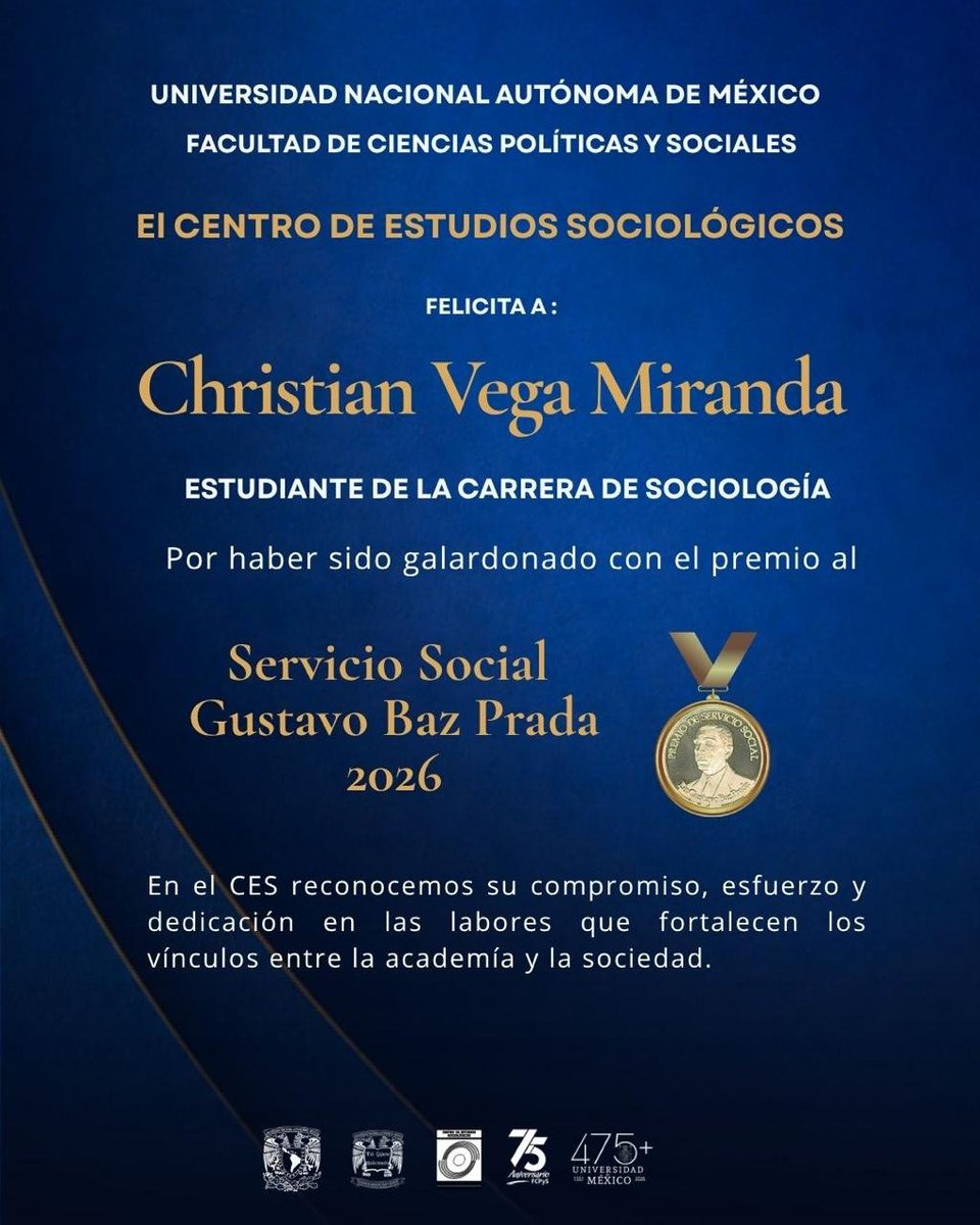 CES_FCPyS's tweet photo. El CES Felicita a 🎊 Christian Vega Miranda estudiante de Sociología, por haber recibido el premio al Servicio Social "Gustavo Baz Prada"🏅
Reconocemos el compromiso, esfuerzo y dedicación de estas las labores, con ello, el fortalecimiento entre la academia y la sociedad https://t.co/29UJfgiRhz