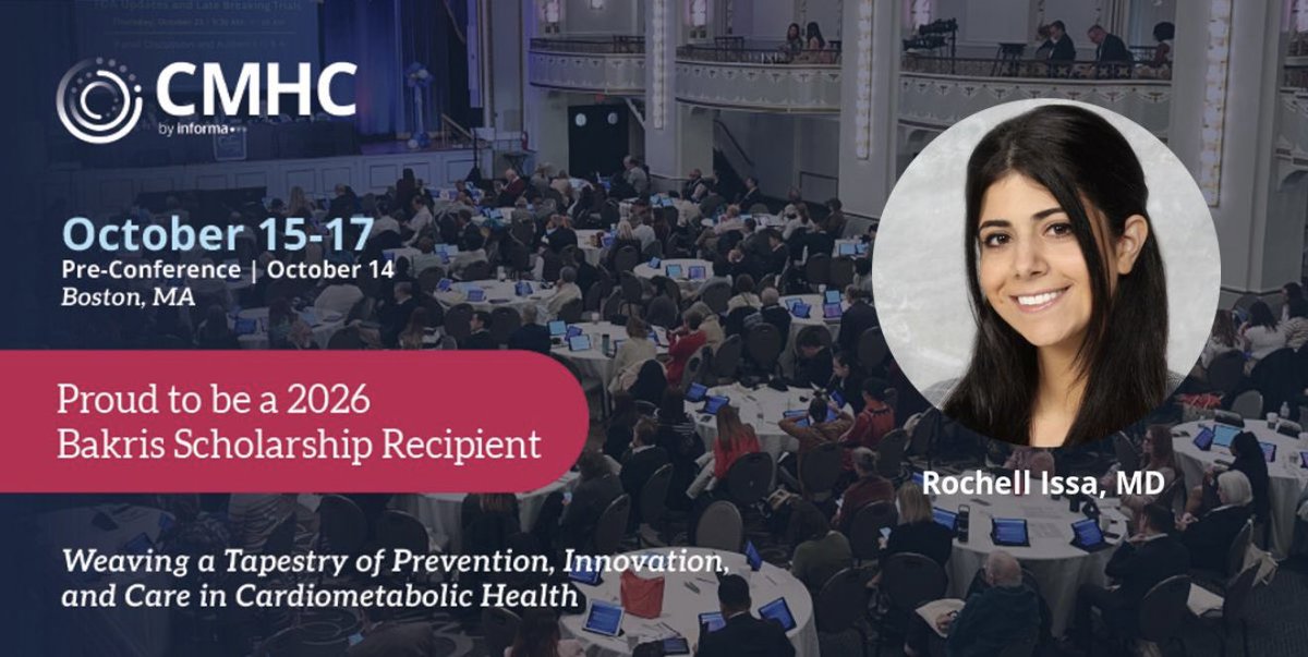 RochellIssa7's tweet photo. Honored to be a 2026 Bakris Scholarship recipient! Looking forward to joining fellow clinicians and researchers in Boston for the 21st Annual Cardiometabolic Health Congress, October 15-17, 2026. https://t.co/VHgbLv823U See you there! #MeetMeAtCMHC https://t.co/JkcYaSu8eQ