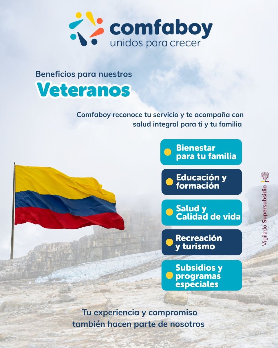 comfaboy's tweet photo. 🇨🇴 Tu servicio y compromiso también hacen parte de nuestra historia
En Comfaboy reconocemos a nuestros veteranos y los acompañamos a ellos y sus familias con beneficios en:
💙 Bienestar
📚 Educación
❤️ Salud
🌿 Recreación
🤝 Subsidios y programas especiales https://t.co/RRQE0KVaH0
