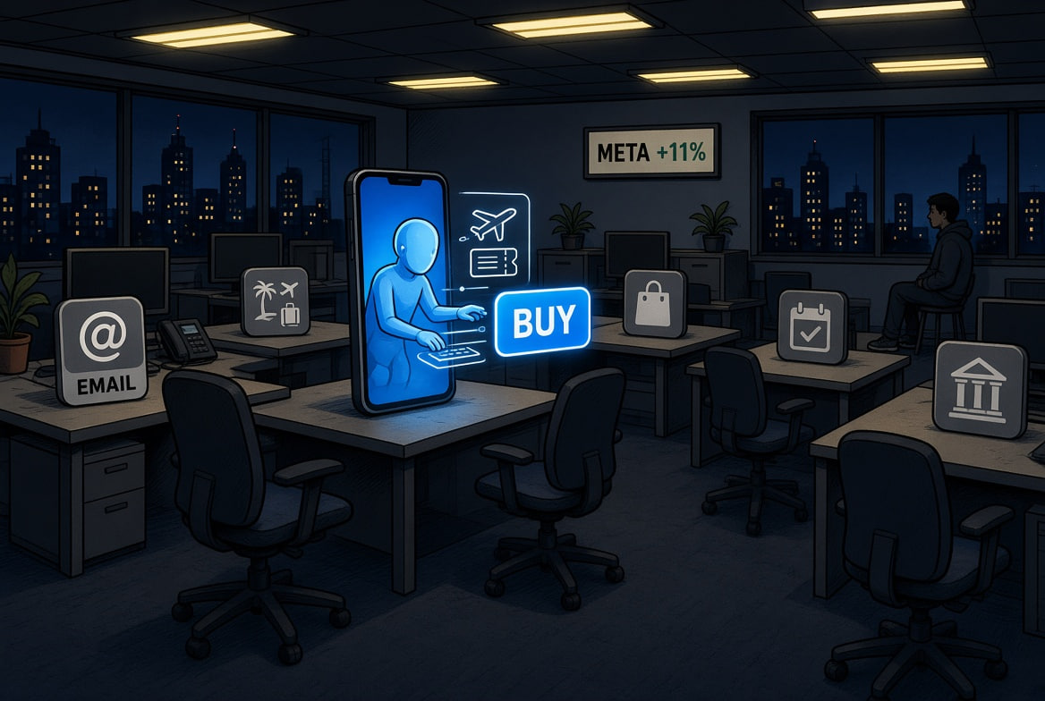 aeonexco's tweet photo. Meta’s new AI agent doesn’t just answer questions. It sends emails. Books trips. Makes purchases. 

Meta jumped 11%. 

The interesting part isn’t the stock move. It’s how many apps — and people — suddenly look optional. https://t.co/tmajQBsurU