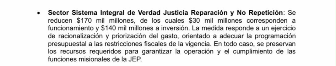 DaniGomezRivas's tweet photo. Parece que el gobierno y su bancada lograrán acabar la JEP.  Le quitaron no 100 mil, ni 138 mil, sino 170 mil millones, entre estos, 30 mil de funcionamiento. En términos reales queda inoperante. https://t.co/1ZlX6r9Jn0