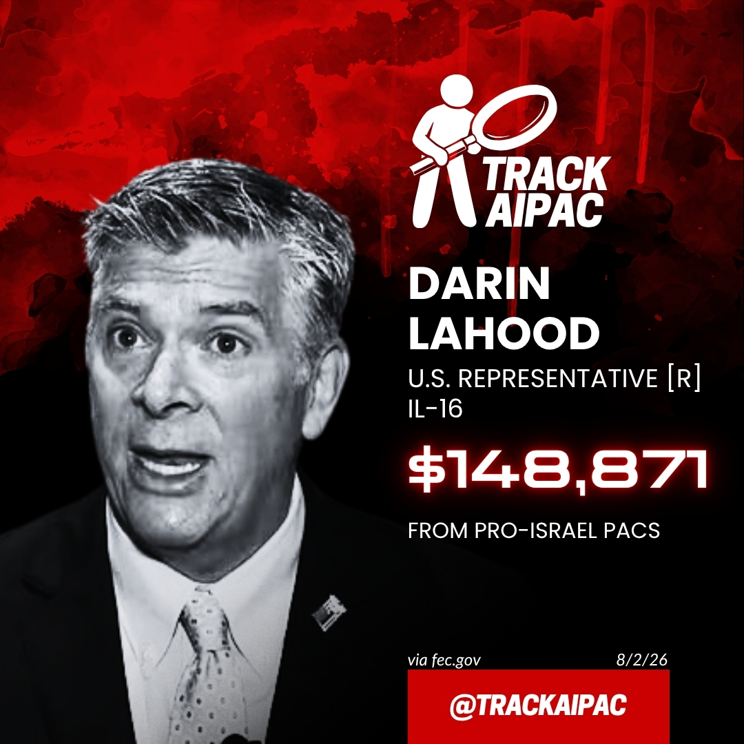 TrackAIPAC's tweet photo. @RepLaHood Darin LaHood supports funneling billions of our tax dollars to a foreign dictator to wage forever wars and genocide across the Middle East.

#IL16 deserves better. Vote @paulnolley to return this seat to the people! https://t.co/H3MyC21j6O