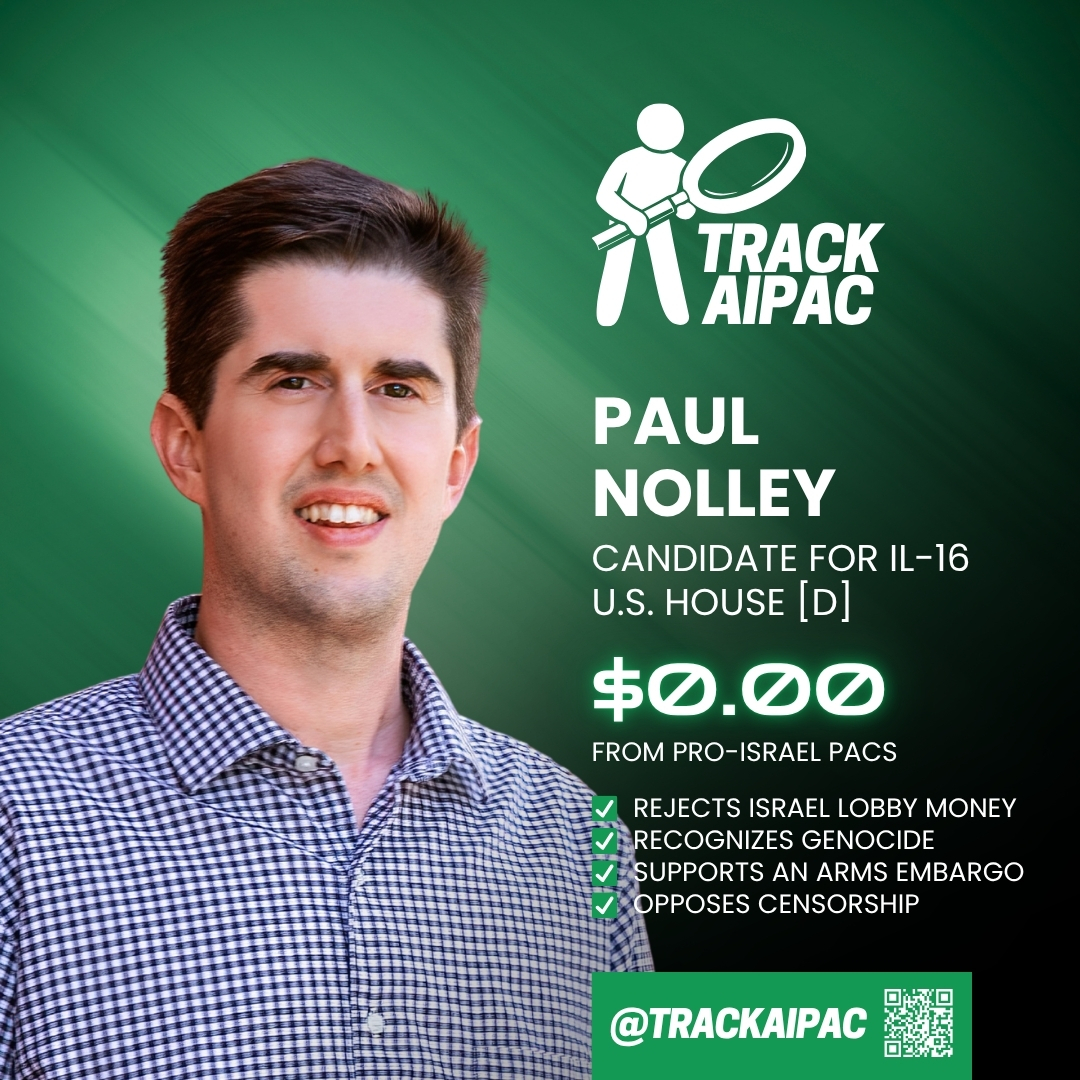 TrackAIPAC's tweet photo. @RepLaHood Darin LaHood supports funneling billions of our tax dollars to a foreign dictator to wage forever wars and genocide across the Middle East.

#IL16 deserves better. Vote @paulnolley to return this seat to the people! https://t.co/H3MyC21j6O