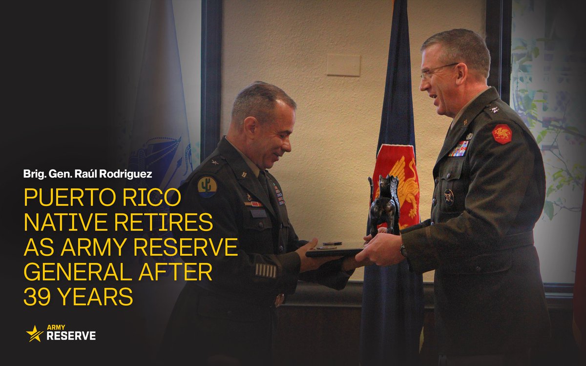 USArmyReserve's tweet photo. “His 39-year career was amazing — rising from the enlisted ranks to general officer and culminating as the 108th deputy commander. [Army Reserve Brig. Gen. Raúl Rodriguez] is truly a man of honor and a fantastic Soldier, leader and patriot.”

➡️https://t.co/TUZfdwkDp1 https://t.co/Nd9o6KlW0E