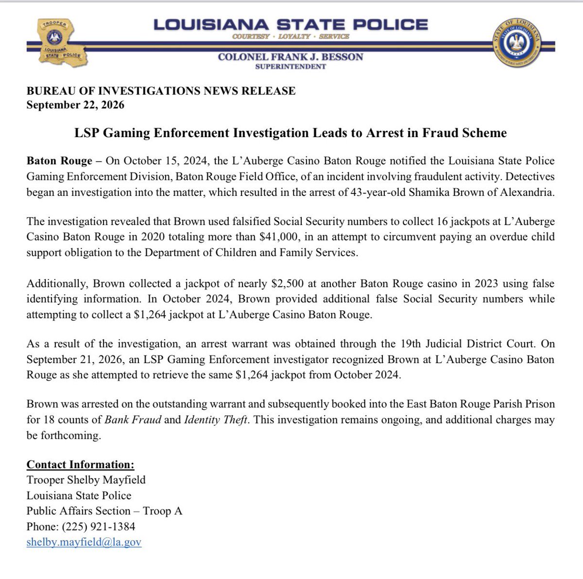 LAStatePolice's tweet photo. BUREAU OF INVESTIGATIONS NEWS RELEASE 

September 22, 2026
 
LSP Gaming Enforcement Investigation Leads to Arrest in Fraud Scheme https://t.co/oH4HyFlTDQ